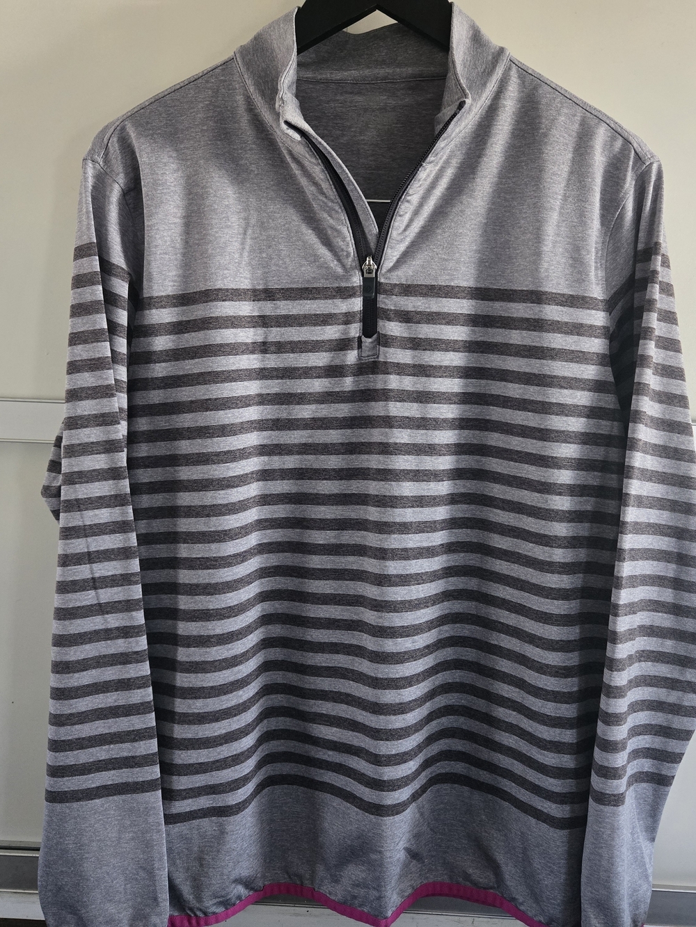 G/FORE Gray Striped Zip-Up Pullover with Pink Hem